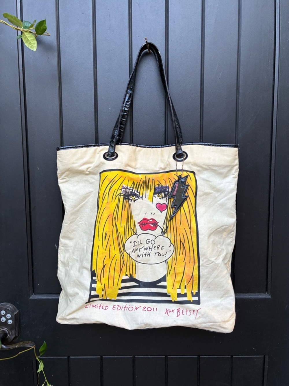 Betsey Johnson limited edition Cream Tote with Graphic face and Black Handles